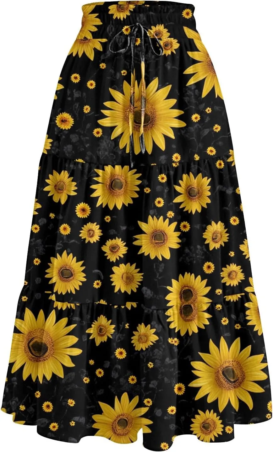 Women's Boho Skirt Floral Printing Drawstring Elastic Waist Ruched Hem Skirts Fashion Casual Vacation Skirt