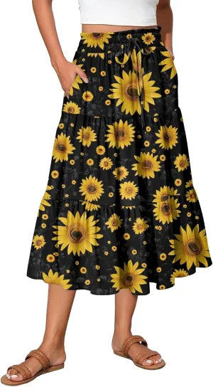 Women's Boho Skirt Floral Printing Drawstring Elastic Waist Ruched Hem Skirts Fashion Casual Vacation Skirt
