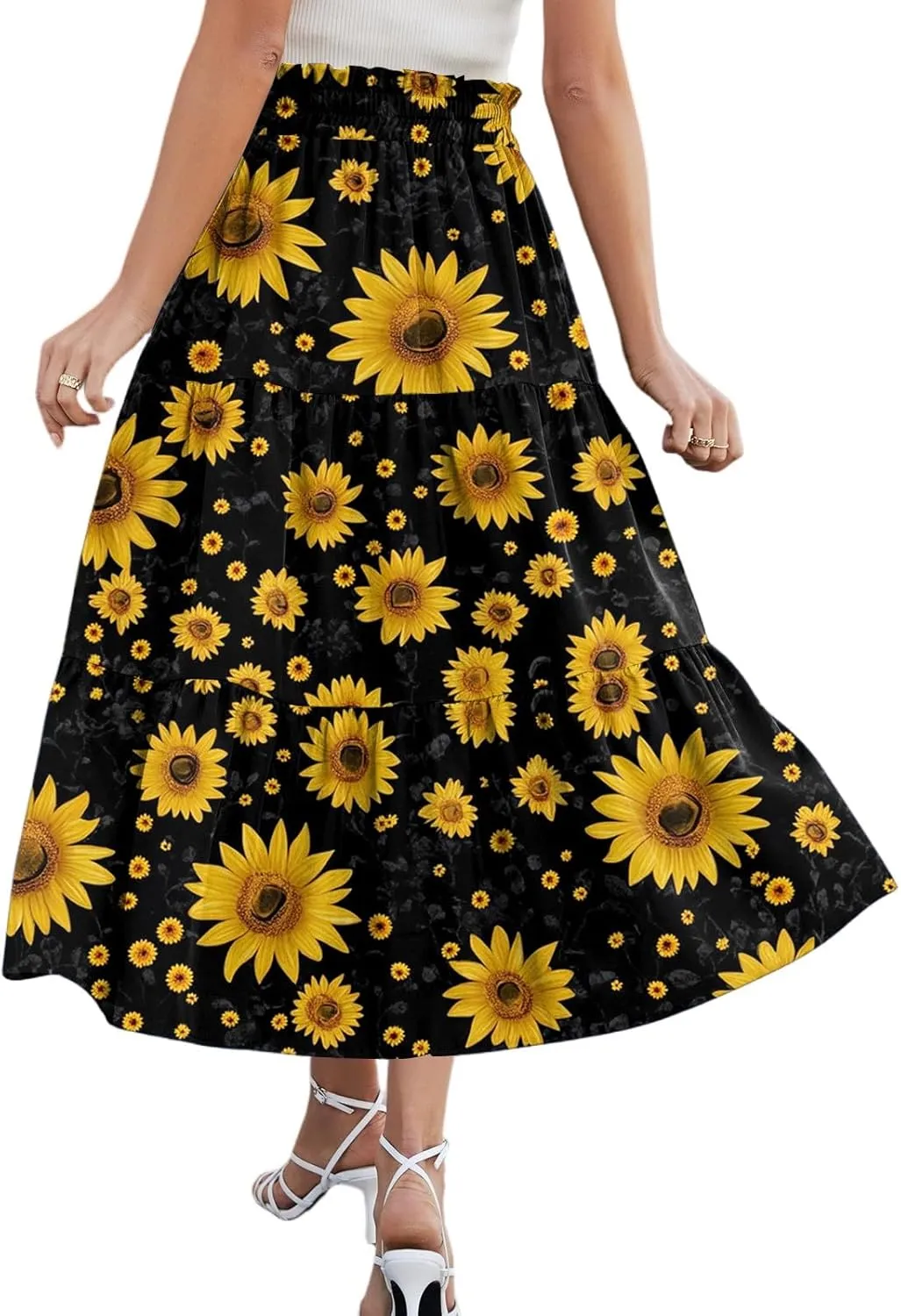 Women's Boho Skirt Floral Printing Drawstring Elastic Waist Ruched Hem Skirts Fashion Casual Vacation Skirt