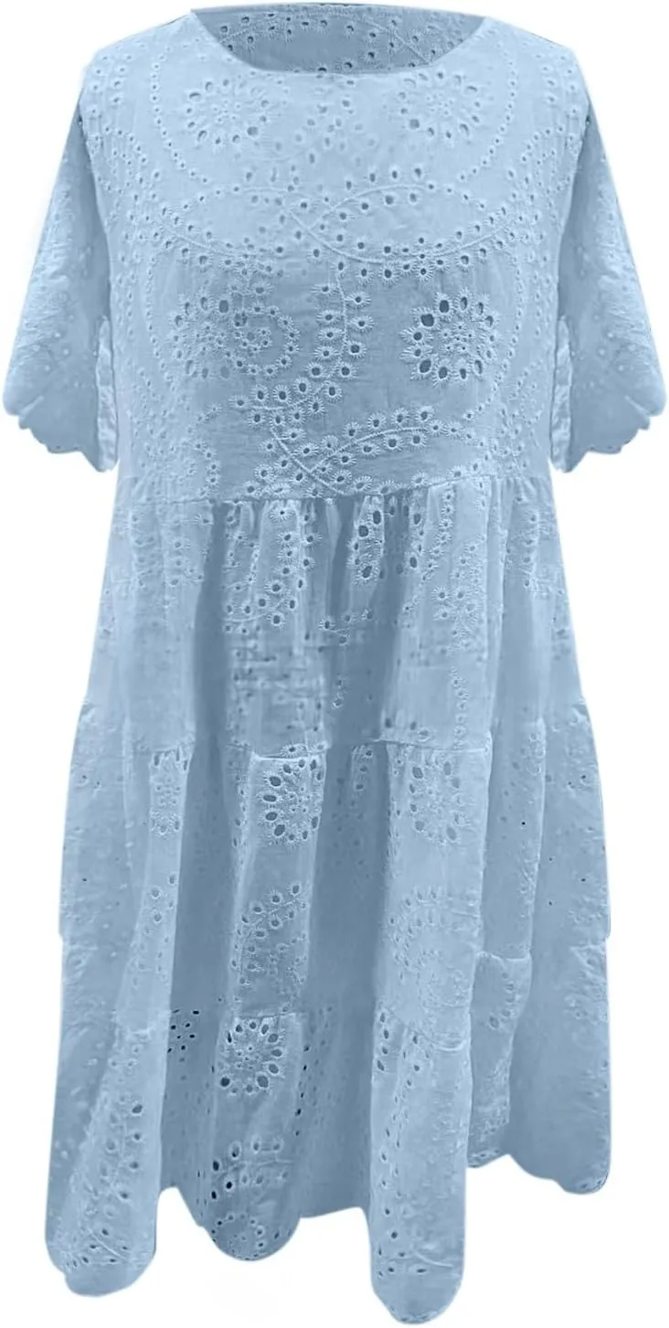 Womens Boho Summer Dresses 2025 Resort V Neck Short Sleeve Hollow Out Lace Ruffle Casual Beach Mini Vacation Dress