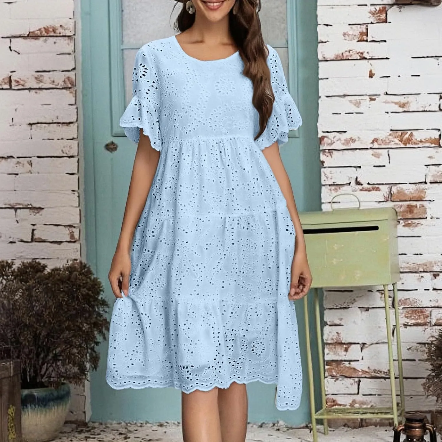 Womens Boho Summer Dresses 2025 Resort V Neck Short Sleeve Hollow Out Lace Ruffle Casual Beach Mini Vacation Dress