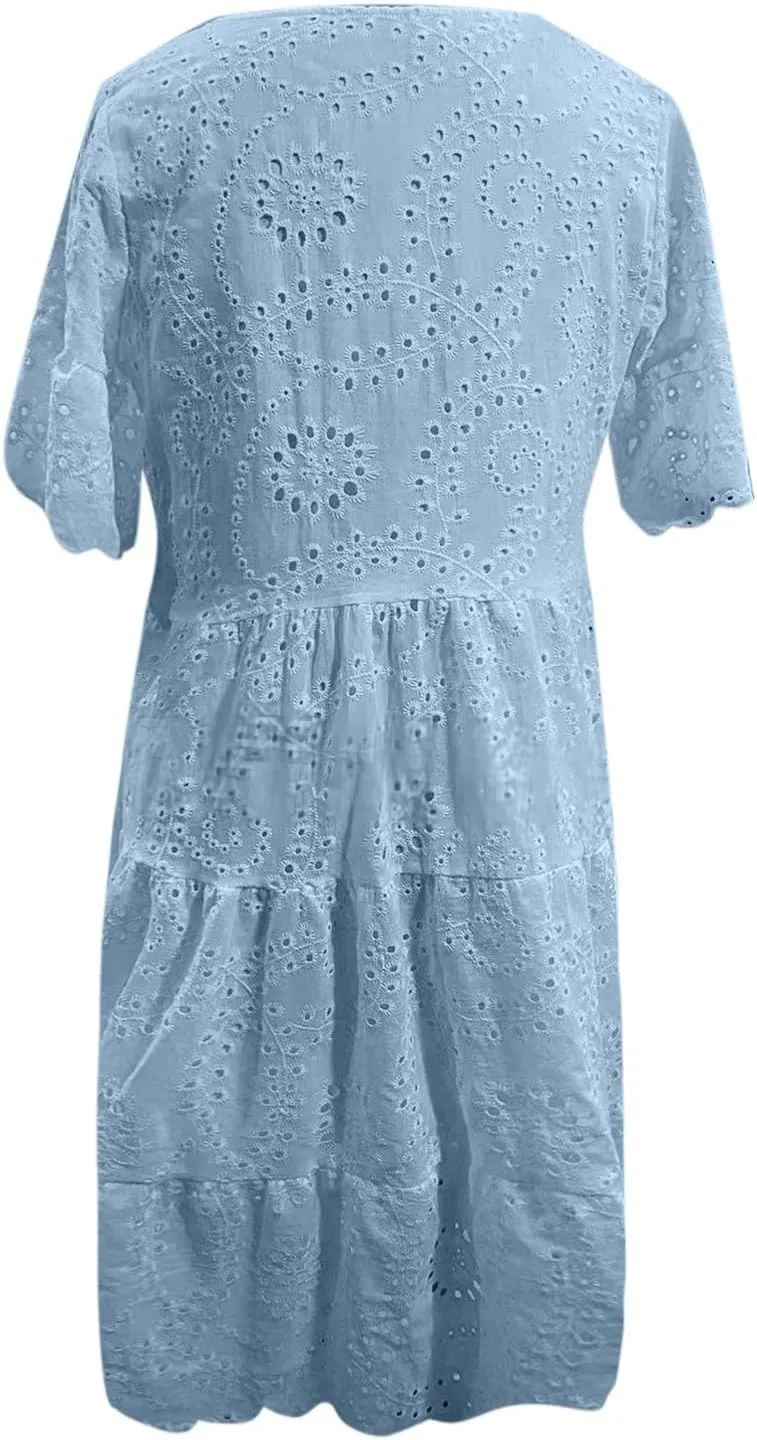 Womens Boho Summer Dresses 2025 Resort V Neck Short Sleeve Hollow Out Lace Ruffle Casual Beach Mini Vacation Dress