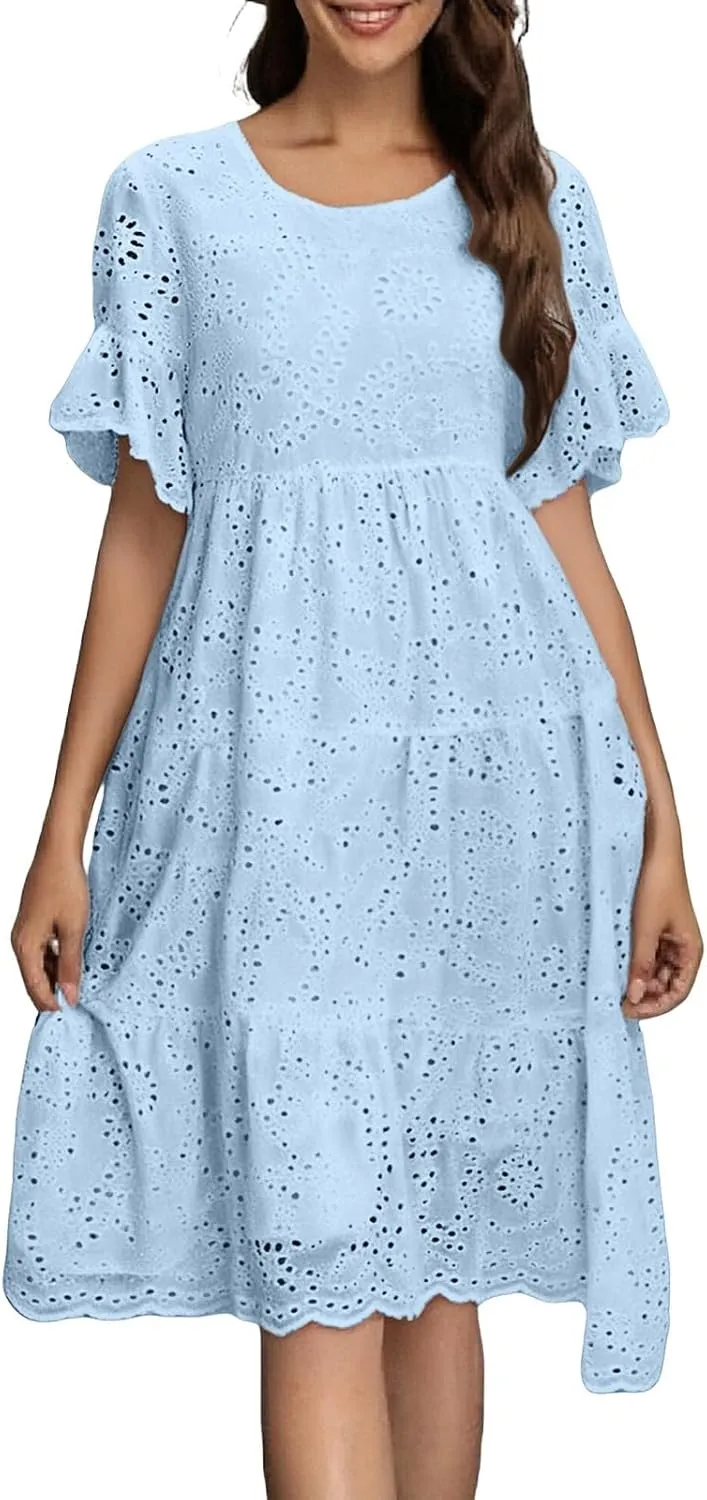 Womens Boho Summer Dresses 2025 Resort V Neck Short Sleeve Hollow Out Lace Ruffle Casual Beach Mini Vacation Dress