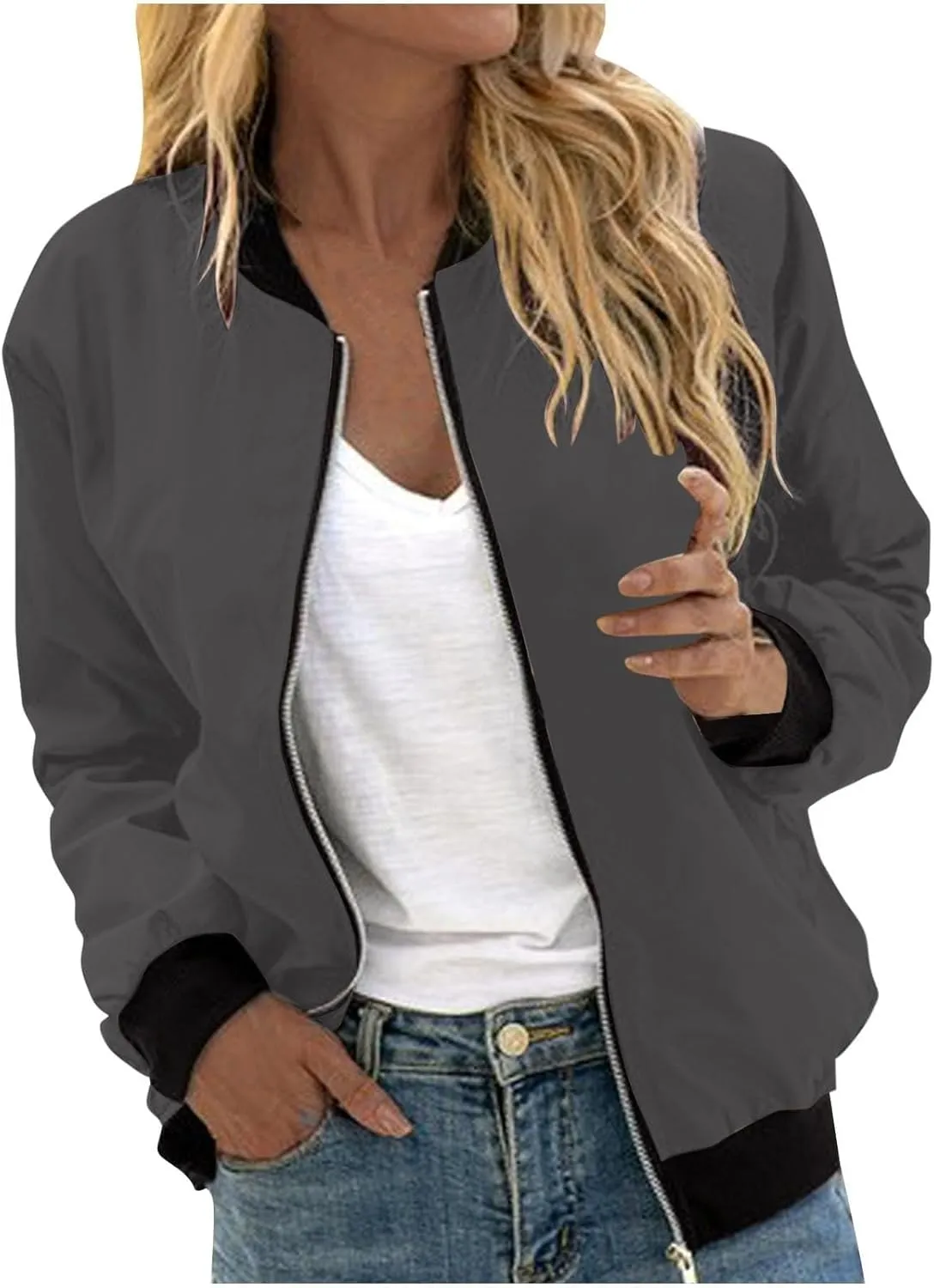 Women's Bomber Jacket Trendy Zip Up Lightweight Windbreaker Jacket Casual Fall Jackets for Women with Pocket