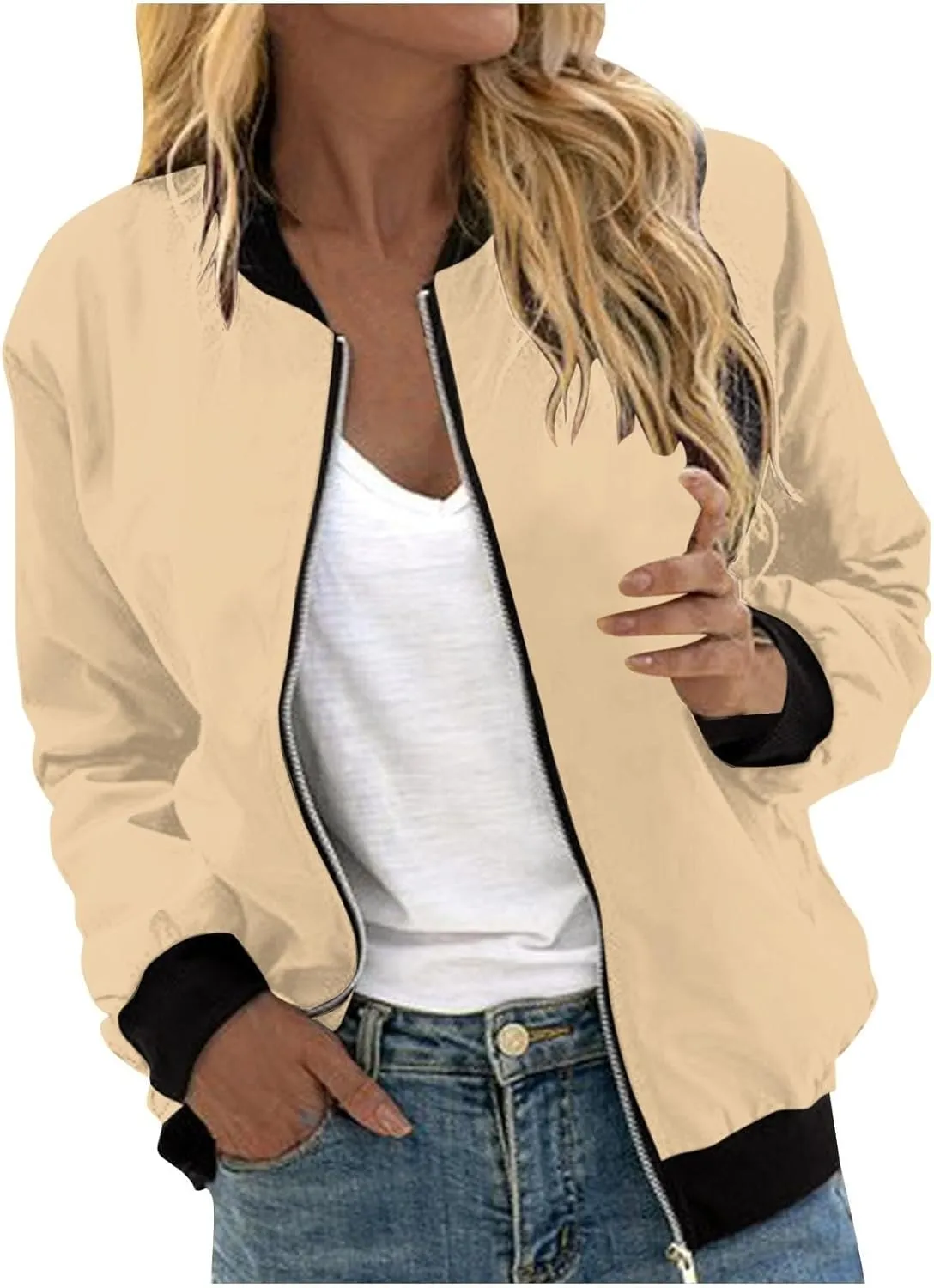 Women's Bomber Jacket Trendy Zip Up Lightweight Windbreaker Jacket Casual Fall Jackets for Women with Pocket