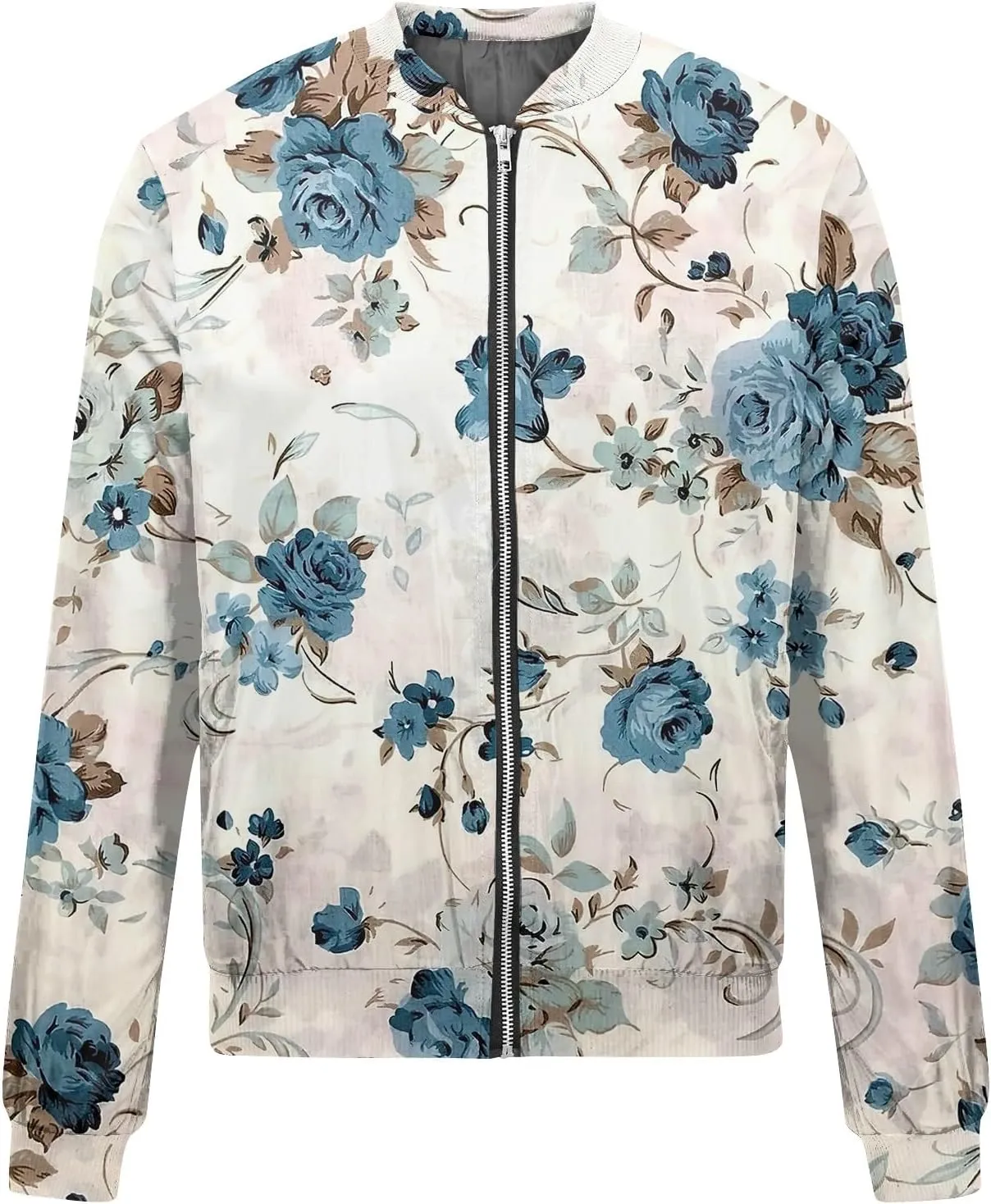 Women'S Bomber Jackets Lightweight Floral Printing Zip Up Long Sleeve Jacket With Pocket Fall Stand Collar Coat