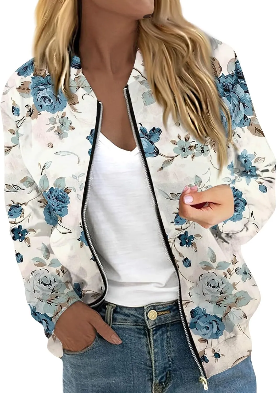 Women'S Bomber Jackets Lightweight Floral Printing Zip Up Long Sleeve Jacket With Pocket Fall Stand Collar Coat