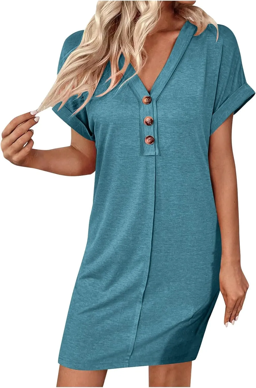 Women's Button Down Dresses Fashion Trendy Rolling Sleeve Dresses V Neck Solid Loose Fit Slimming Ladies Outwear