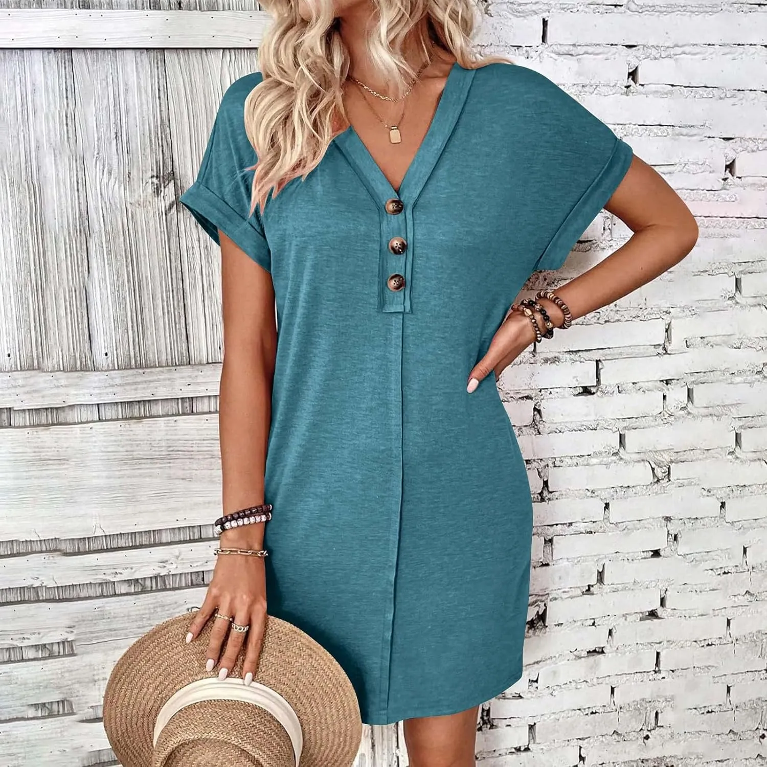 Women's Button Down Dresses Fashion Trendy Rolling Sleeve Dresses V Neck Solid Loose Fit Slimming Ladies Outwear
