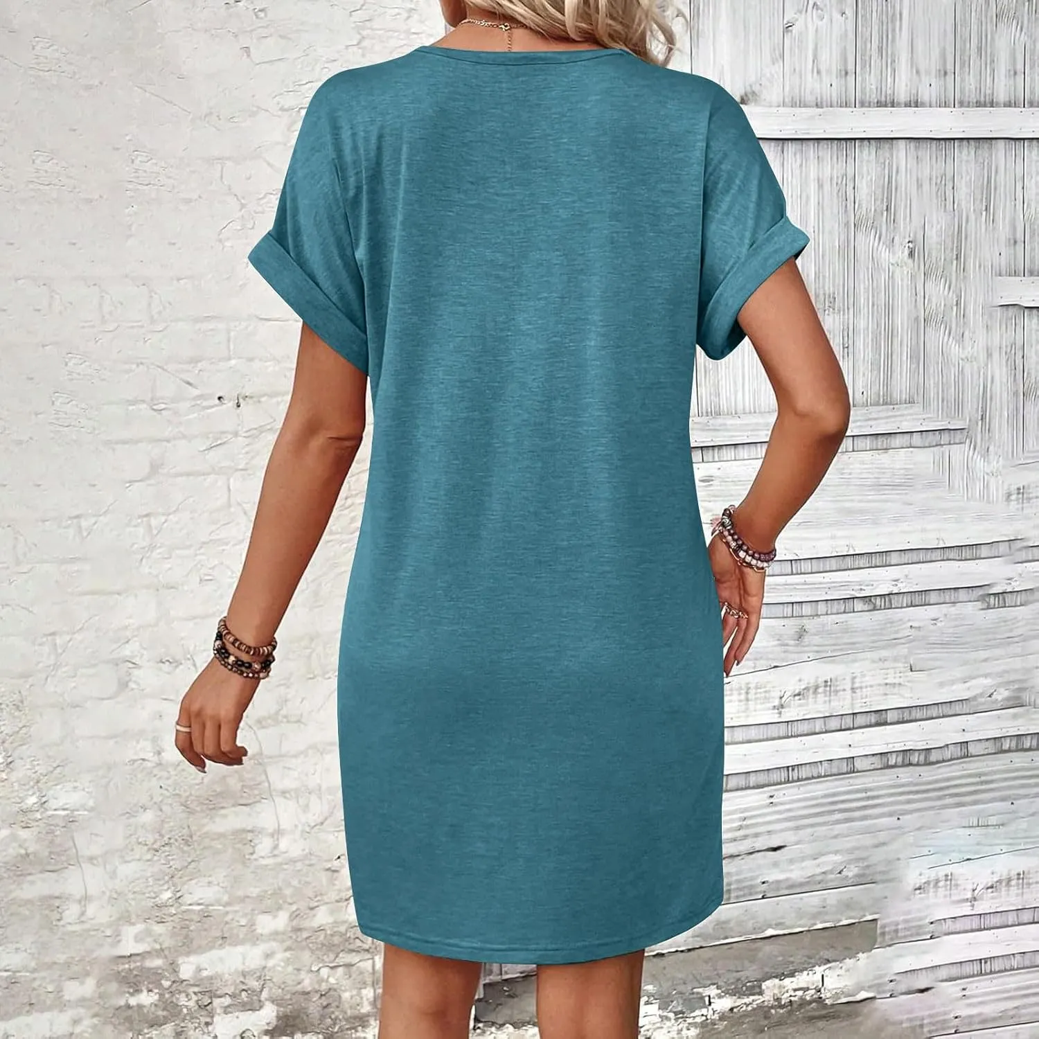 Women's Button Down Dresses Fashion Trendy Rolling Sleeve Dresses V Neck Solid Loose Fit Slimming Ladies Outwear