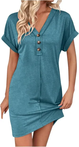 Women's Button Down Dresses Fashion Trendy Rolling Sleeve Dresses V Neck Solid Loose Fit Slimming Ladies Outwear