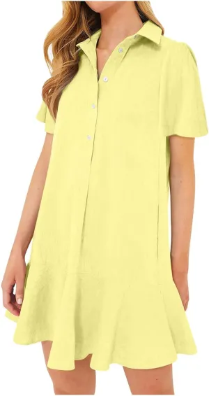 Women's Button Down Shirt Dress Summer Casual Short Sleeve Cotton Linen Shift Dress Ruffle Hem Short Dresses Blouses