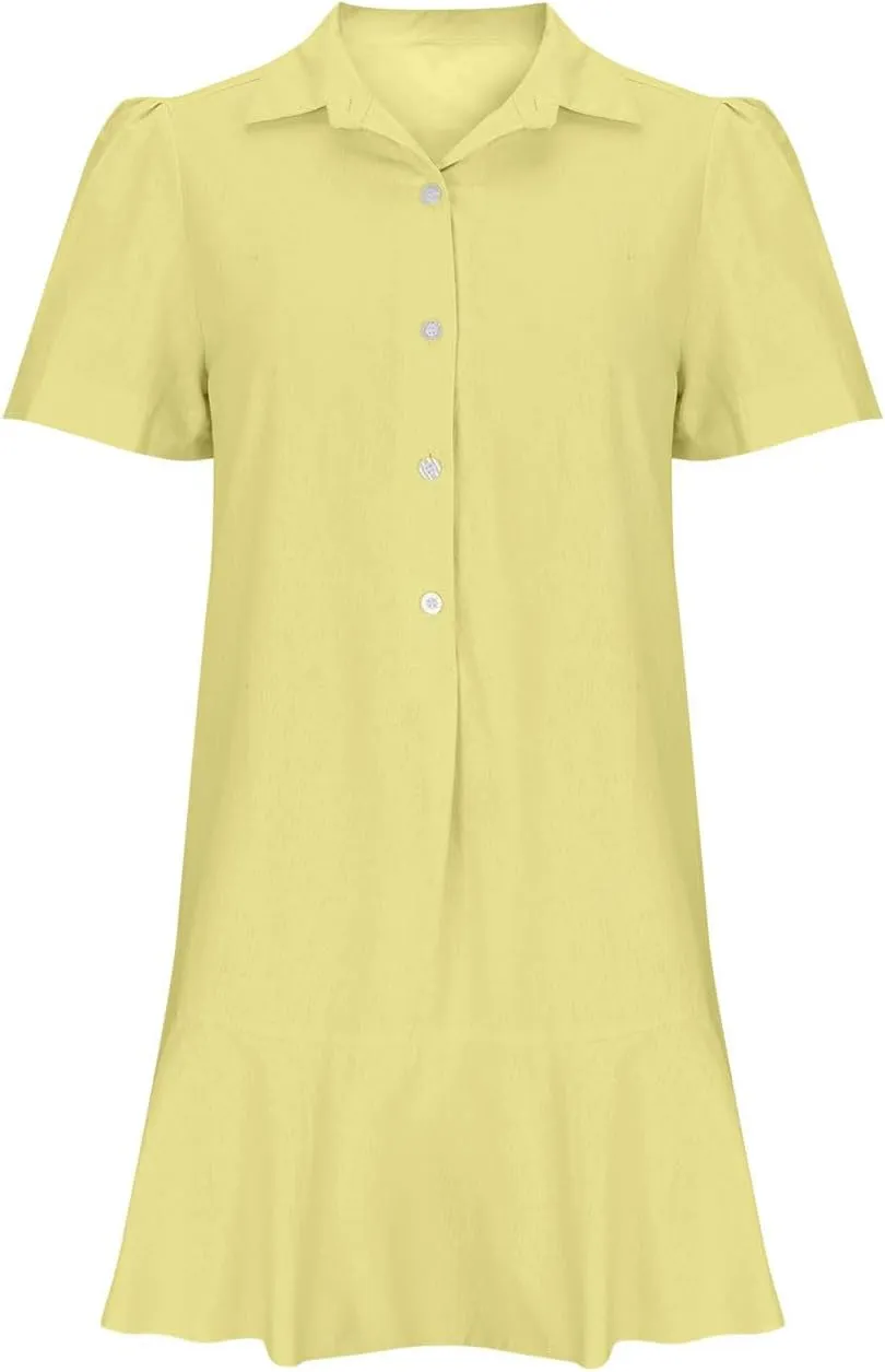 Women's Button Down Shirt Dress Summer Casual Short Sleeve Cotton Linen Shift Dress Ruffle Hem Short Dresses Blouses