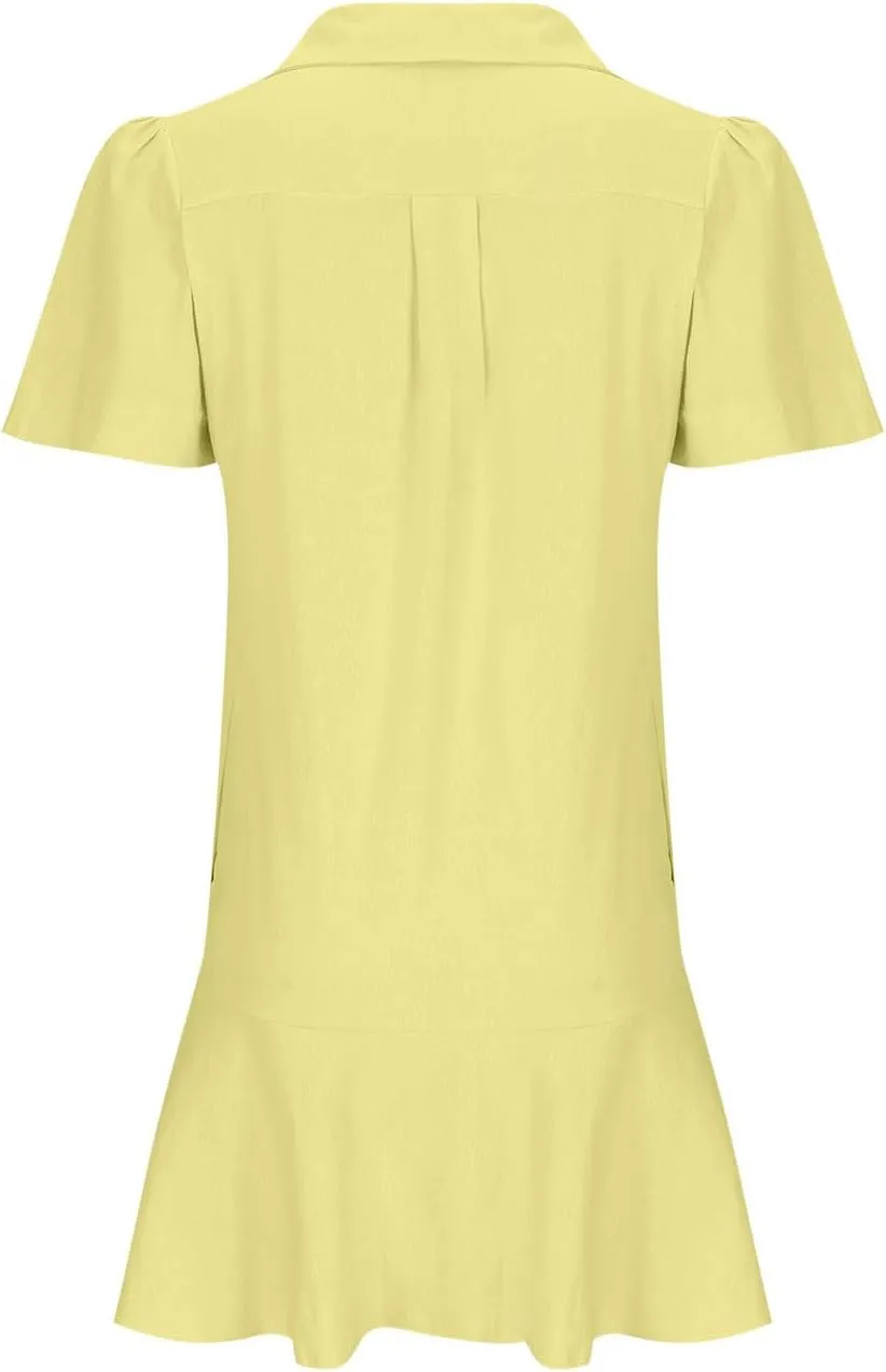 Women's Button Down Shirt Dress Summer Casual Short Sleeve Cotton Linen Shift Dress Ruffle Hem Short Dresses Blouses