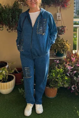 Women's Casual Hooded Sequined Two-piece Suit