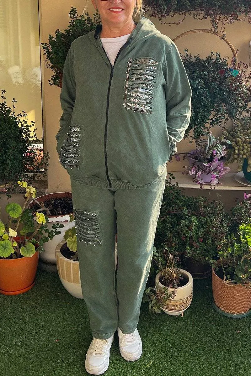 Women's Casual Hooded Sequined Two-piece Suit