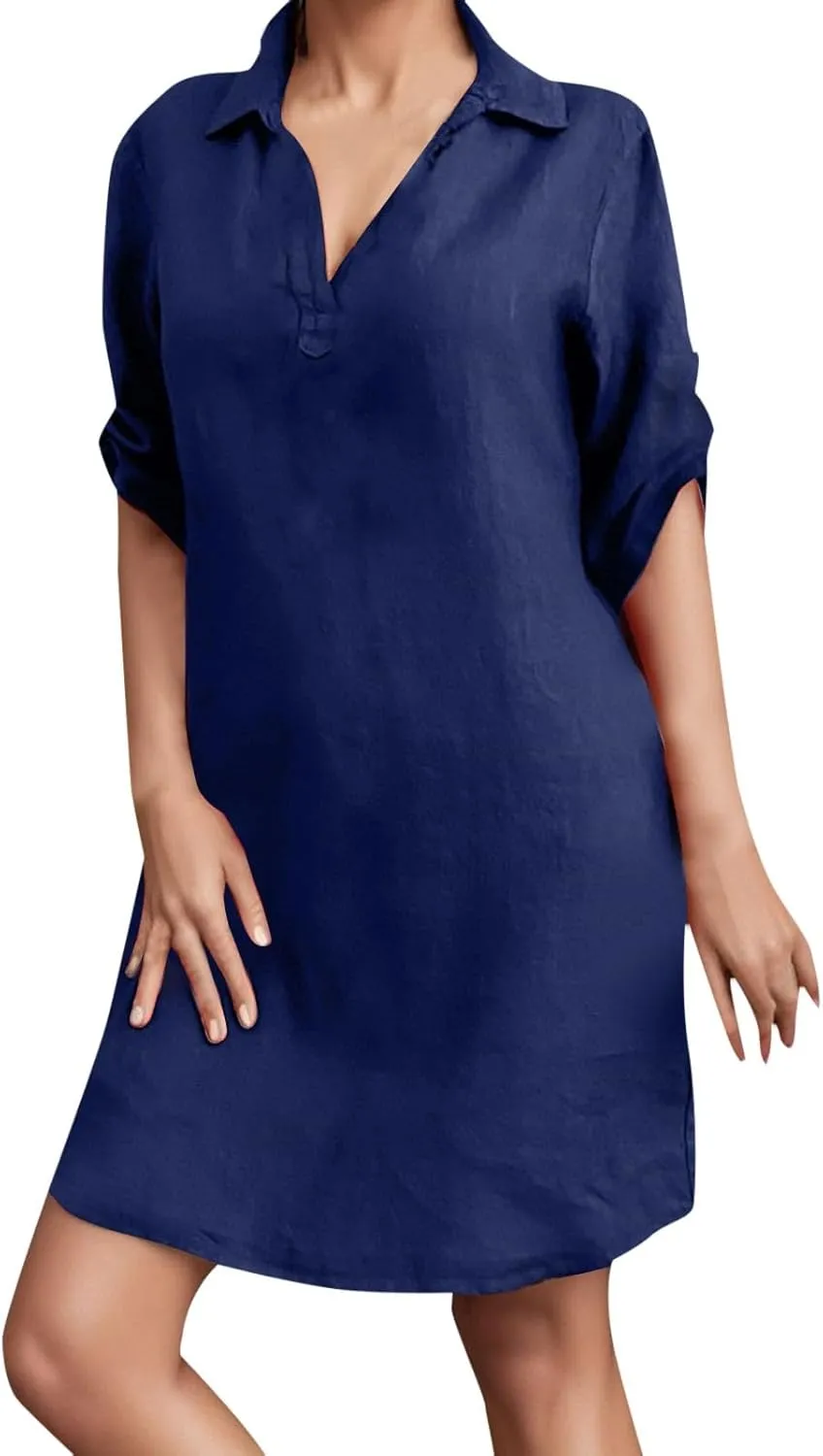 Women's Casual Shirt Dress Ruffle Sleeve Solid Color Button Down Shift Turn Cotton Linen Short 2025 Summer Dress