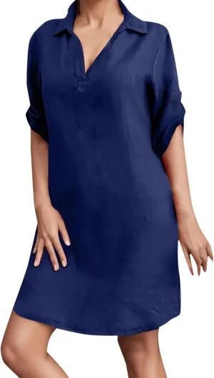 Women's Casual Shirt Dress Ruffle Sleeve Solid Color Button Down Shift Turn Cotton Linen Short 2025 Summer Dress