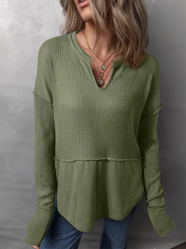 Women's Casual Shirt Solid Color Long Sleeve Patchwork Solid Color Loose Top