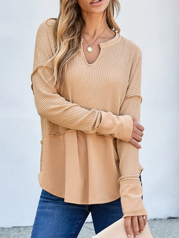 Women's Casual Shirt Solid Color Long Sleeve Patchwork Solid Color Loose Top