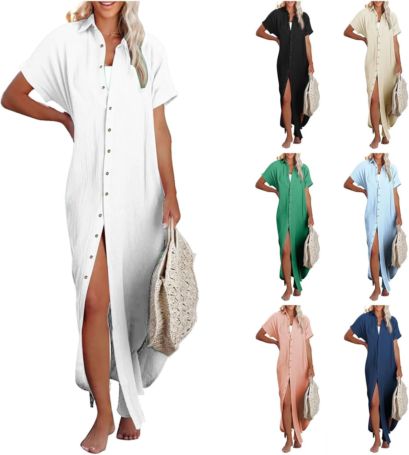 Womens Casual Short Sleeve Button Down Dress Side Split Long Kimonos Summer Loose Midi Long Tunic Shirt Dress