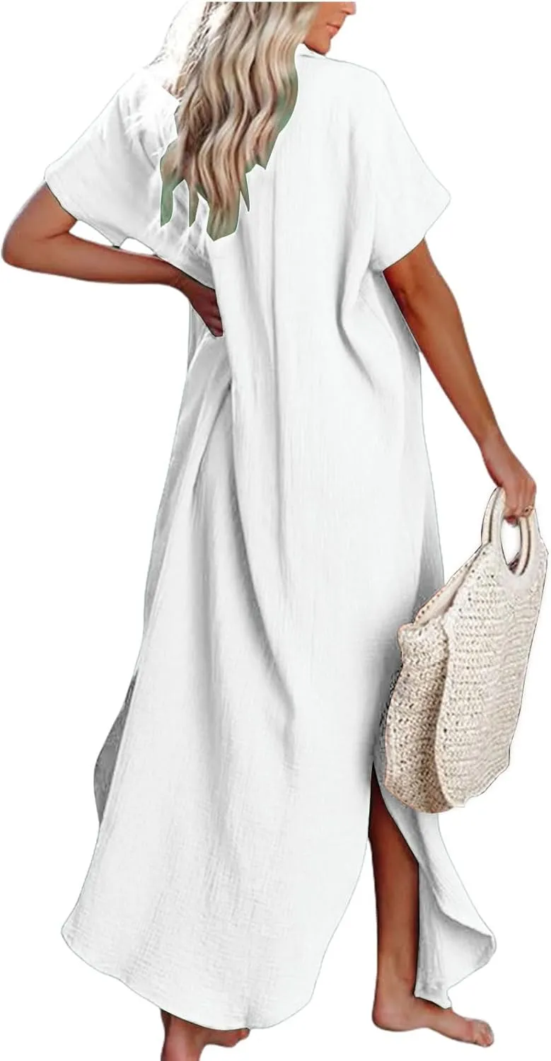 Womens Casual Short Sleeve Button Down Dress Side Split Long Kimonos Summer Loose Midi Long Tunic Shirt Dress