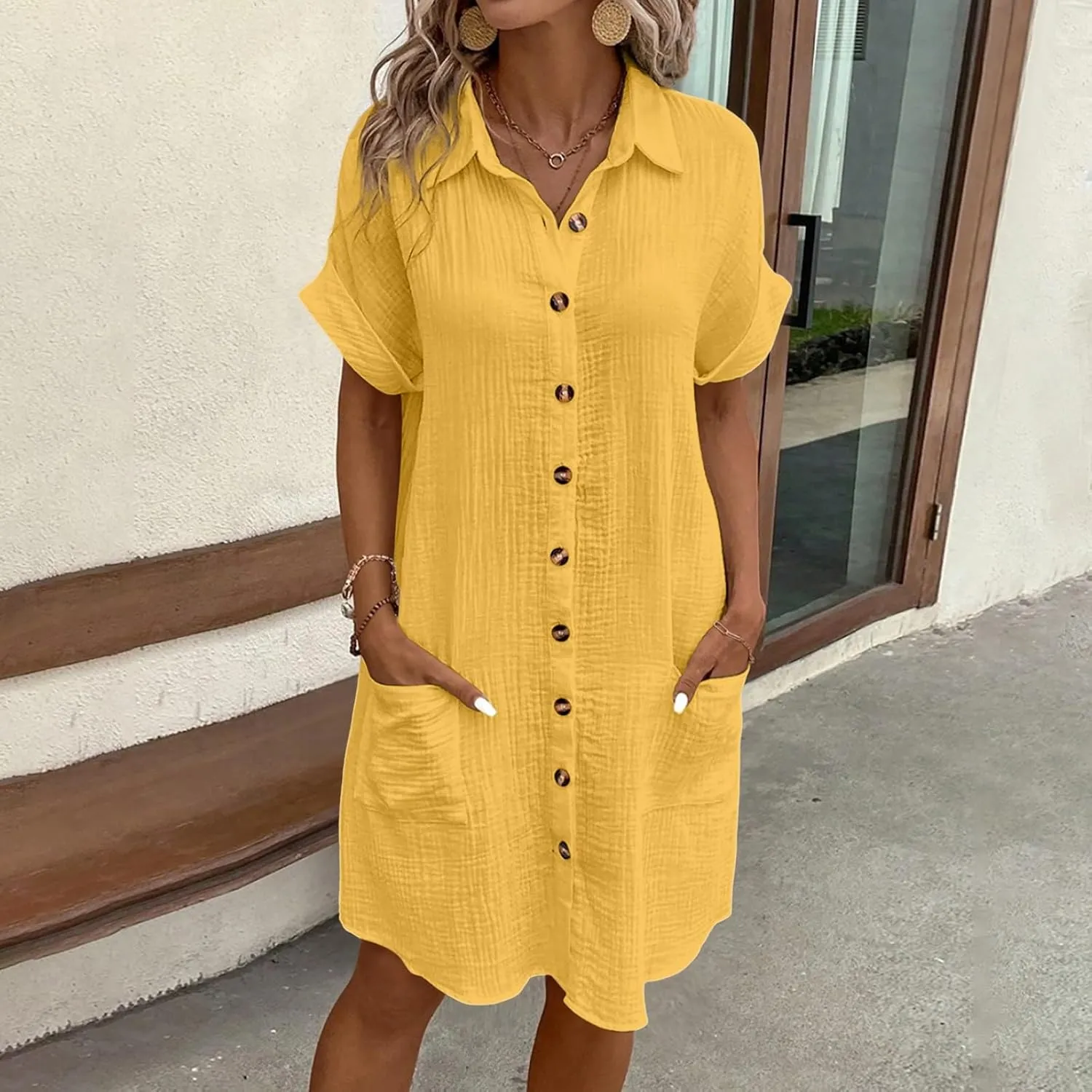 Womens Casual Short Sleeve Side Split Button Down Long Kimonos Cardigans Swimsuit Cover Ups Prom Dresses