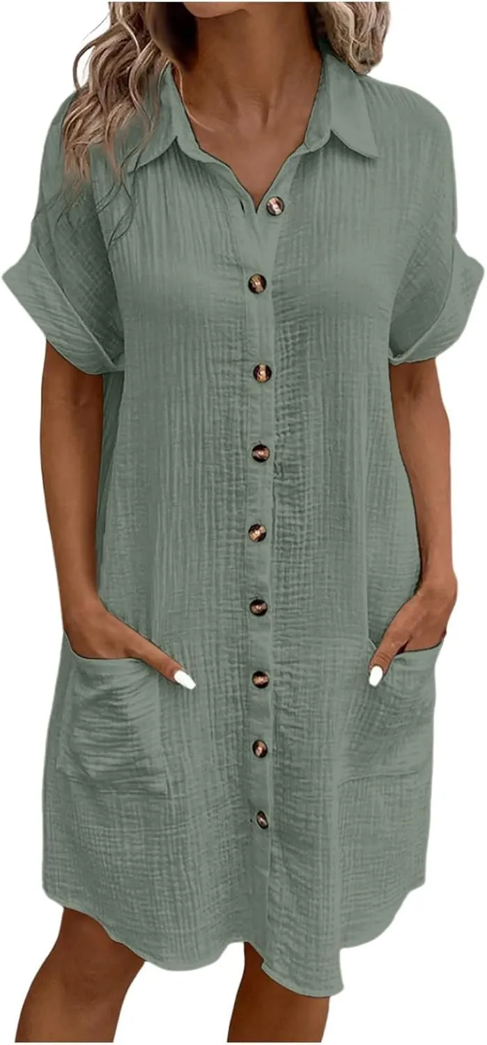 Womens Casual Short Sleeve Side Split Button Down Long Kimonos Cardigans Swimsuit Cover Ups Prom Dresses