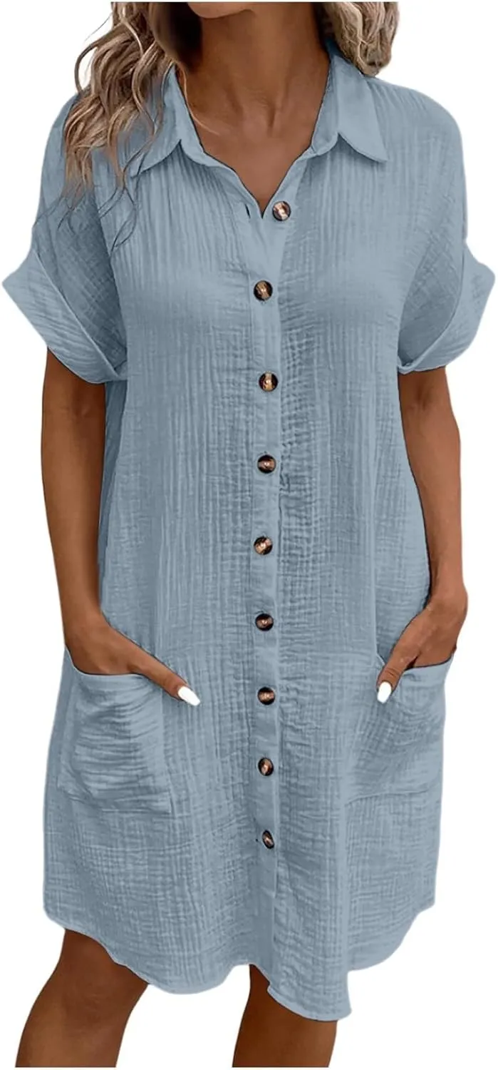 Womens Casual Short Sleeve Side Split Button Down Long Kimonos Cardigans Swimsuit Cover Ups Prom Dresses