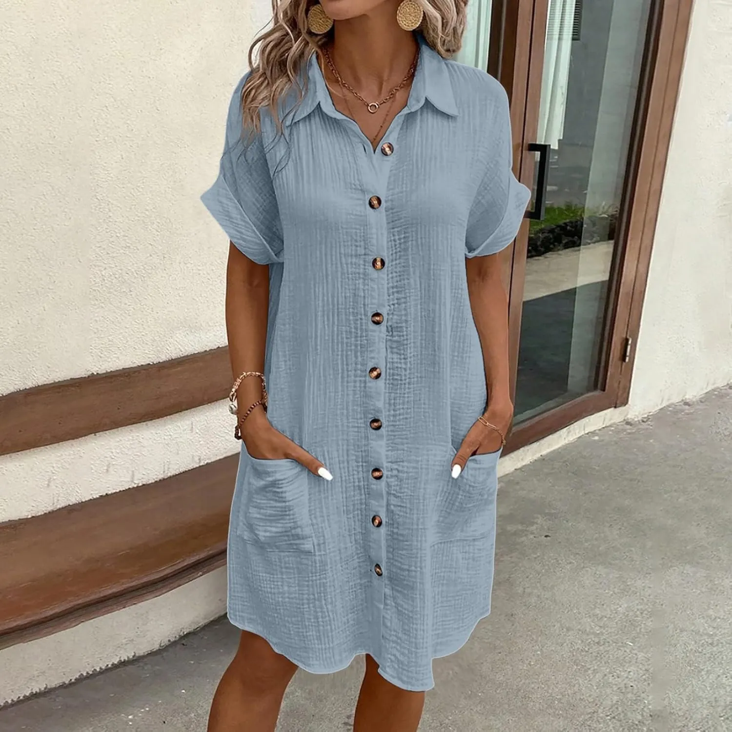 Womens Casual Short Sleeve Side Split Button Down Long Kimonos Cardigans Swimsuit Cover Ups Prom Dresses
