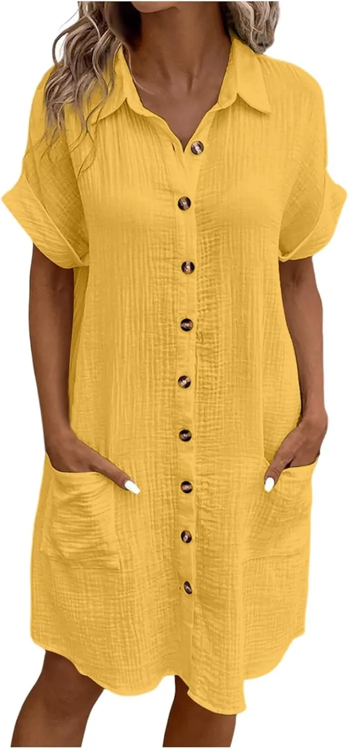 Womens Casual Short Sleeve Side Split Button Down Long Kimonos Cardigans Swimsuit Cover Ups Prom Dresses