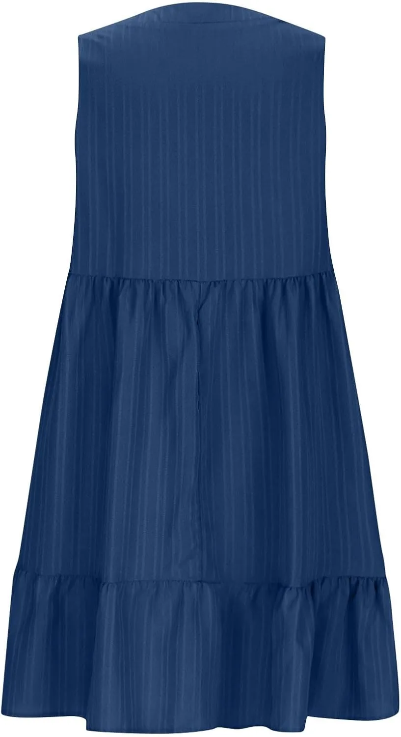 Women's Casual Sleeveless Midi Dresses Comfy V-Neck Smocked Waist Swing Dress A Line Empire Waist Casual Summer Sundress