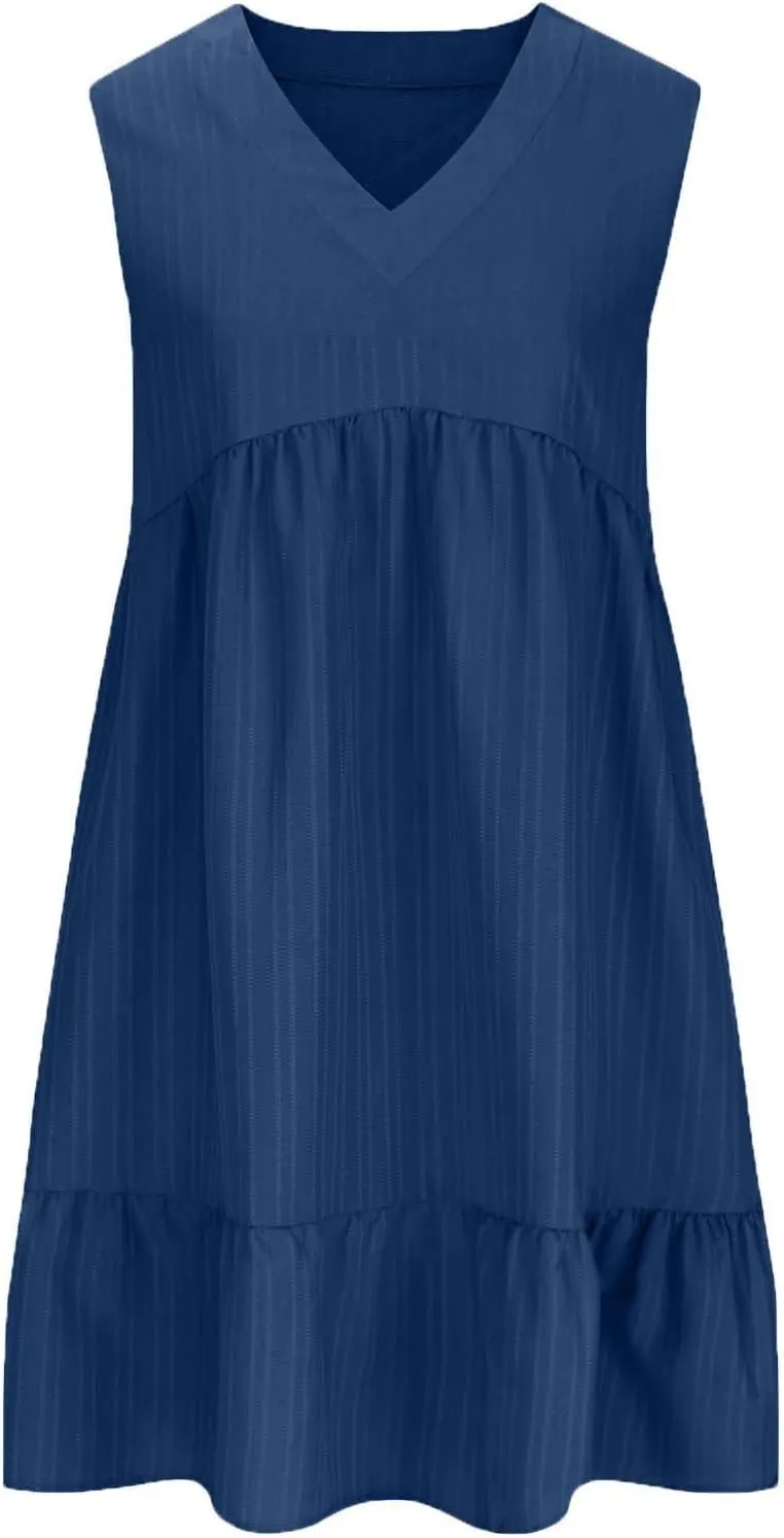 Women's Casual Sleeveless Midi Dresses Comfy V-Neck Smocked Waist Swing Dress A Line Empire Waist Casual Summer Sundress