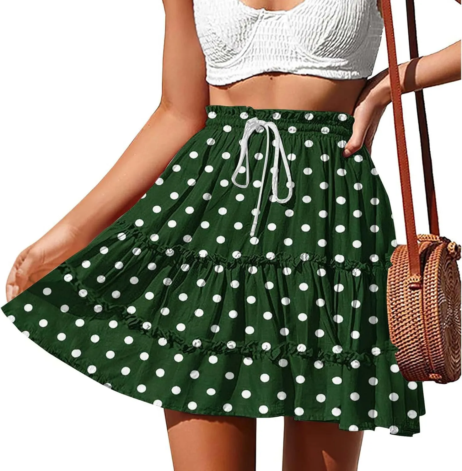 Women's Casual Summer Skirts High Waist Pleated Skirts A-Line Flowy Swing Tiered Skirt Polka Dots Beach Skirt
