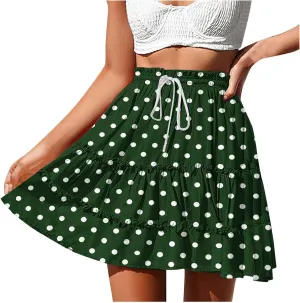 Women's Casual Summer Skirts High Waist Pleated Skirts A-Line Flowy Swing Tiered Skirt Polka Dots Beach Skirt