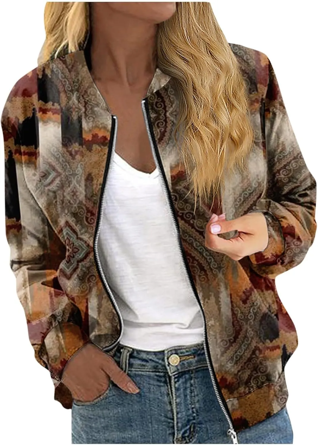 Womens Cropped Bomber Jacket Long Sleeve Zip Up Jackets with Pockets Fashion Stand Collar Shorts Coats Outerwear