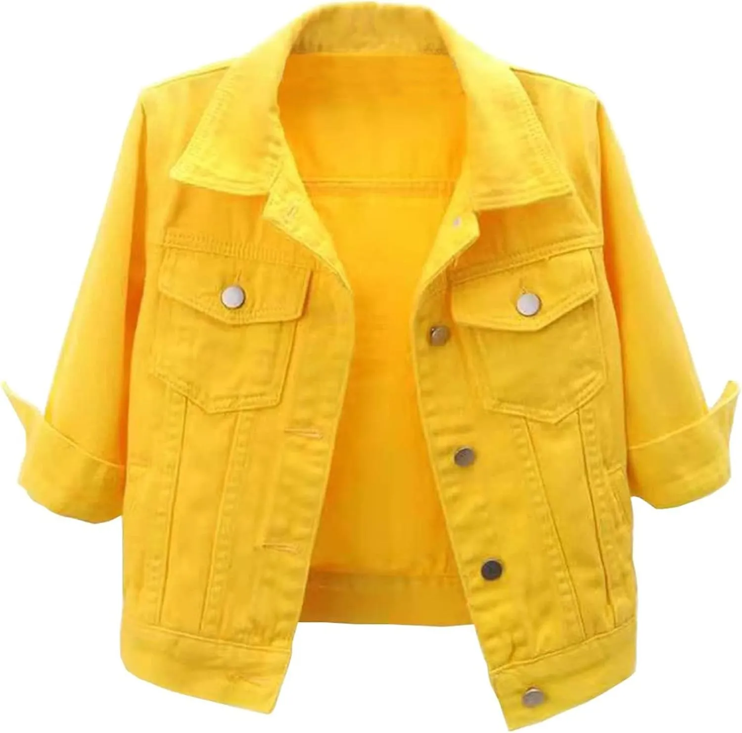 Womens Cropped Denim Jacket 3/4 Sleeve Short Jean Jacket Button Down Retro Lightweight Trucker Coat