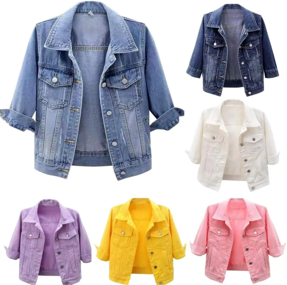 Womens Cropped Denim Jacket 3/4 Sleeve Short Jean Jacket Button Down Retro Lightweight Trucker Coat