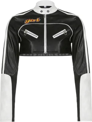 Women's Cropped Leather Jacket Zipper Moto Biker Short Bomber Jackets Y2k Streetwear