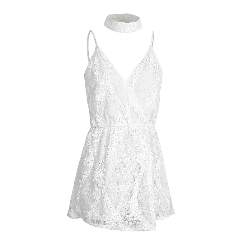 Women's Deep V- Neck Romper With Lace