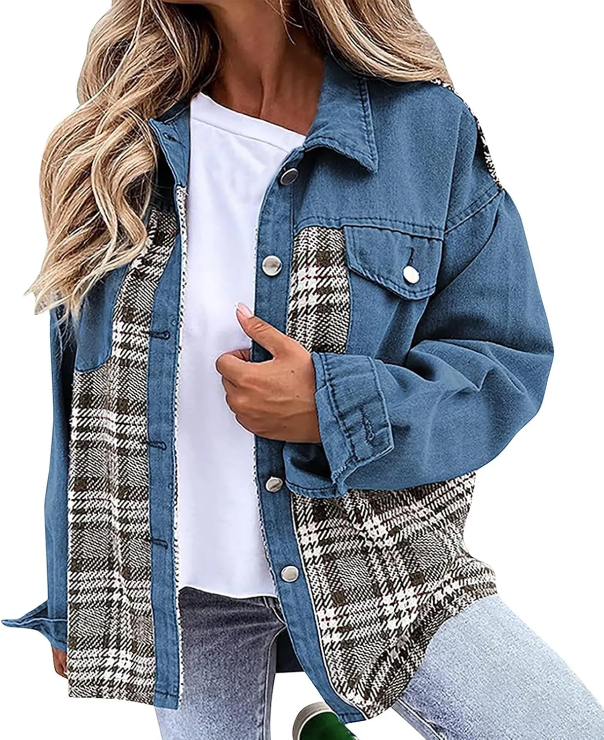 Womens Denim Jacket Plus Size Long Sleeve Lapel Button Down Boyfriend Denim Washed Coat Trucker Denim Jacket