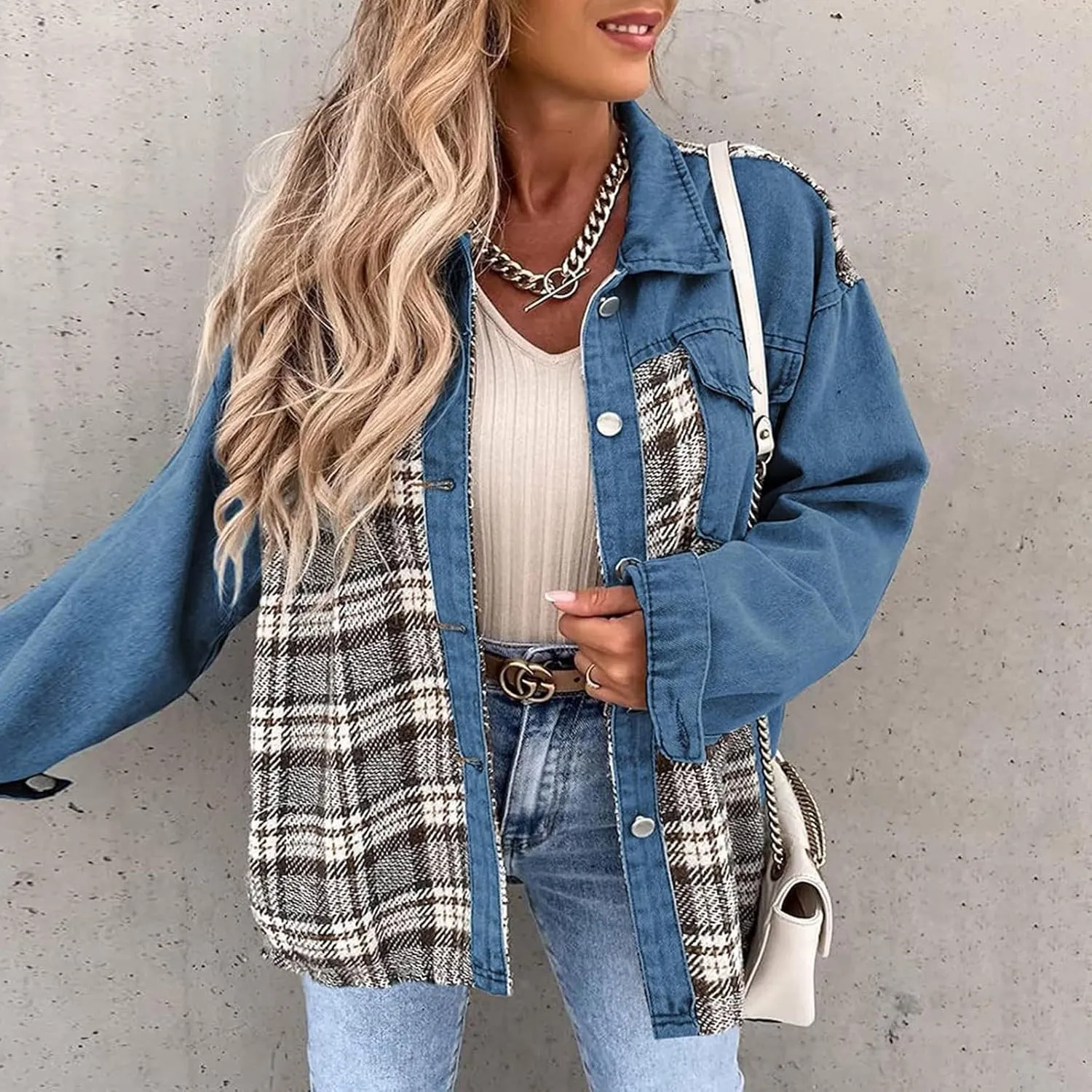 Womens Denim Jacket Plus Size Long Sleeve Lapel Button Down Boyfriend Denim Washed Coat Trucker Denim Jacket