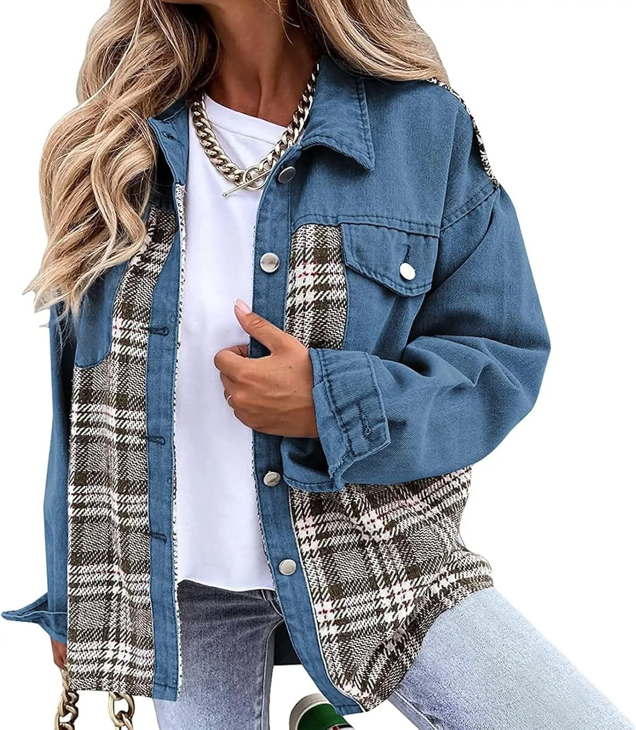 Womens Denim Jacket Plus Size Long Sleeve Lapel Button Down Boyfriend Denim Washed Coat Trucker Denim Jacket