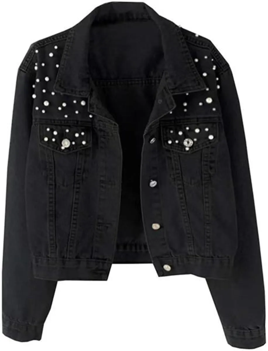 Womens Denim Jacket with Embroidered Pearls Casual Loose Cropped Jean Coat Oversized Trucker Jackets