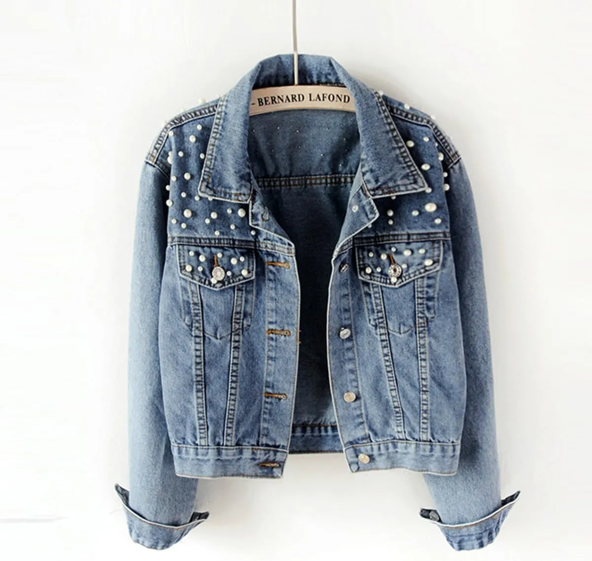 Womens Denim Jacket with Embroidered Pearls Casual Loose Cropped Jean Coat Oversized Trucker Jackets
