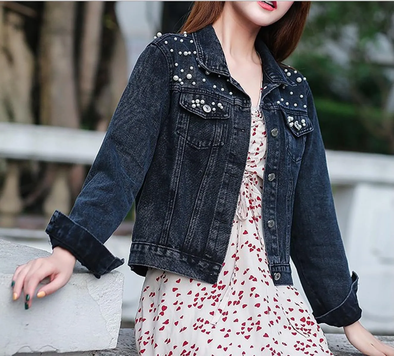 Womens Denim Jacket with Embroidered Pearls Casual Loose Cropped Jean Coat Oversized Trucker Jackets
