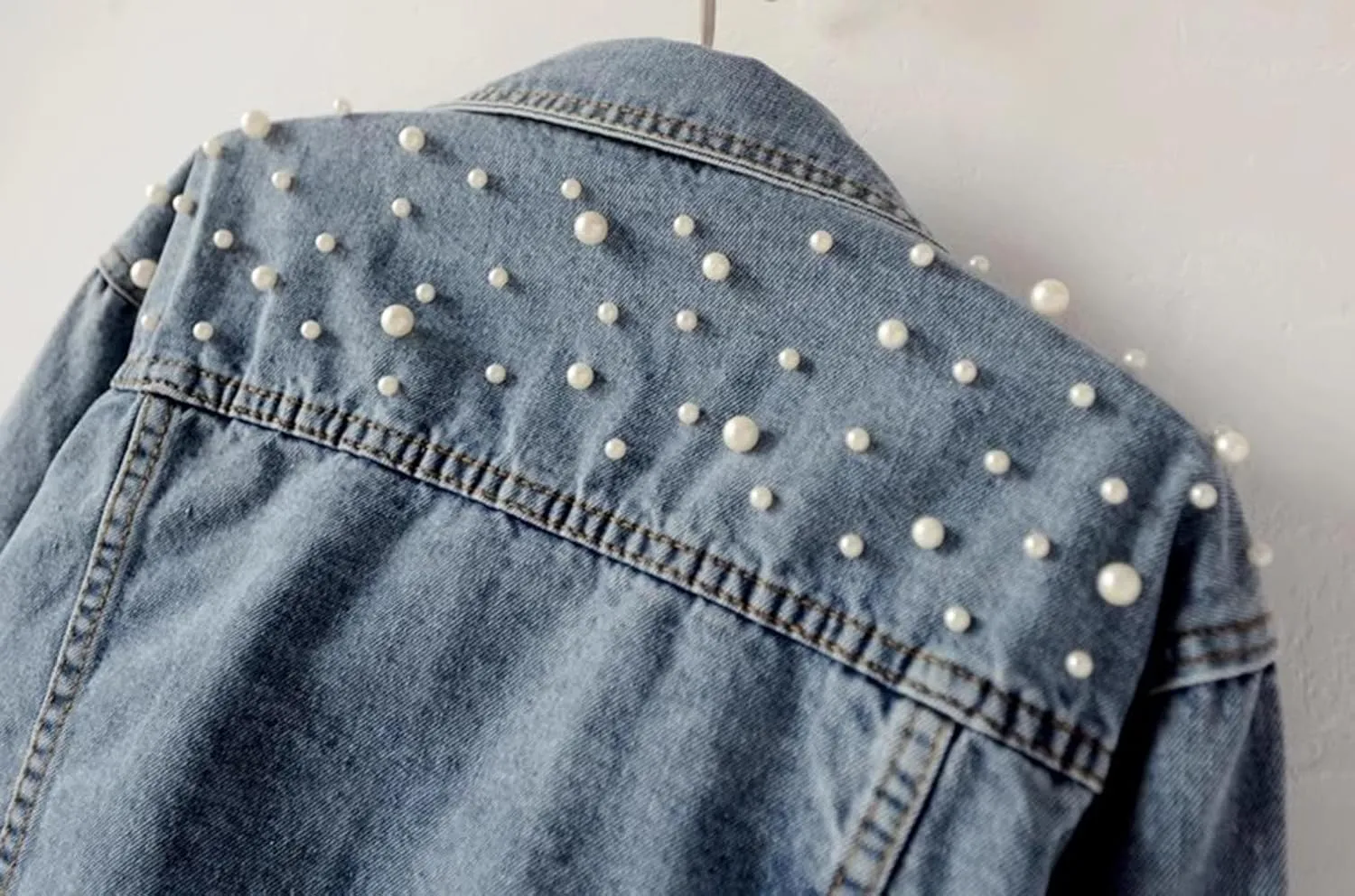 Womens Denim Jacket with Embroidered Pearls Casual Loose Cropped Jean Coat Oversized Trucker Jackets