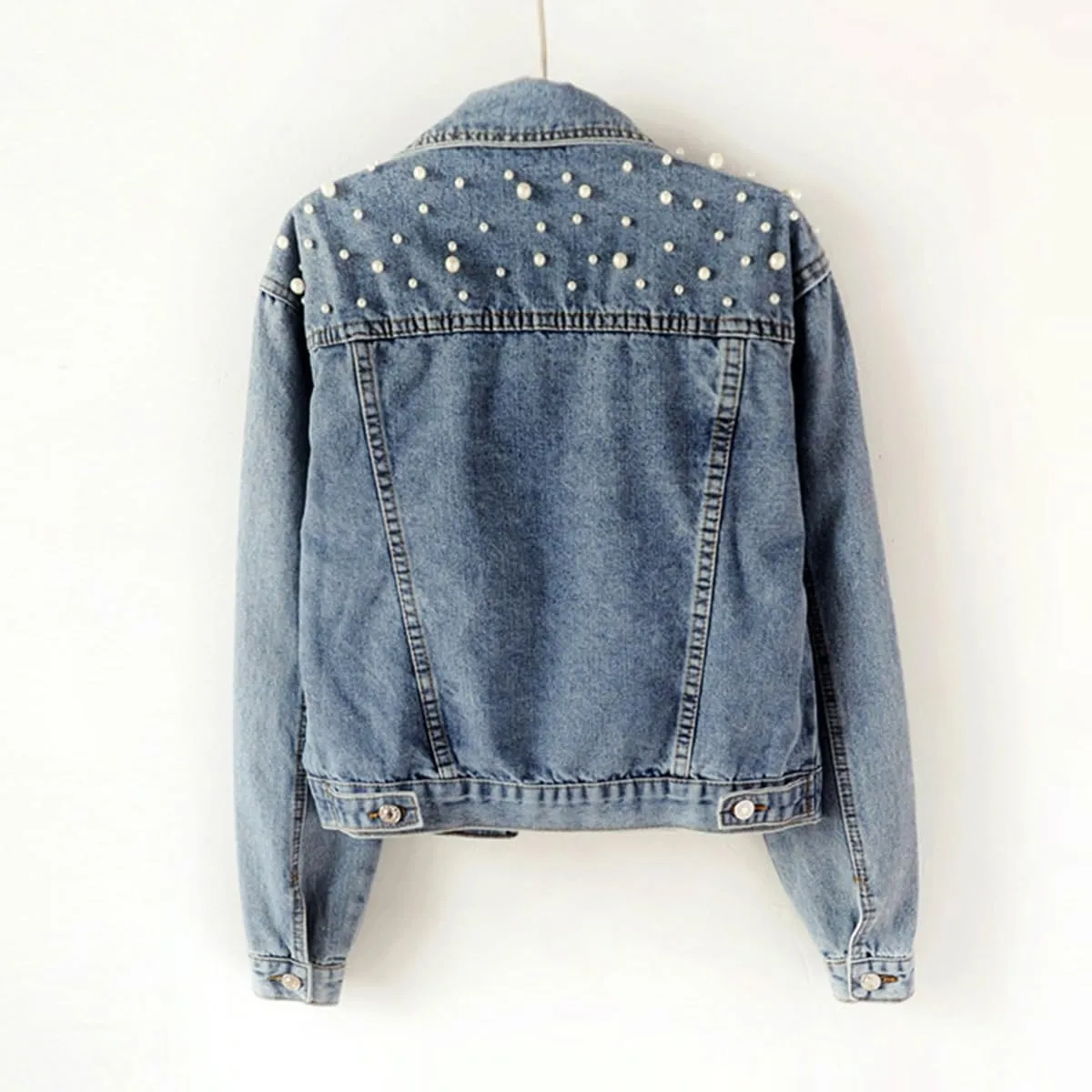 Womens Denim Jacket with Embroidered Pearls Casual Loose Cropped Jean Coat Oversized Trucker Jackets