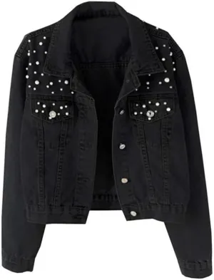Womens Denim Jacket with Embroidered Pearls Casual Loose Cropped Jean Coat Oversized Trucker Jackets