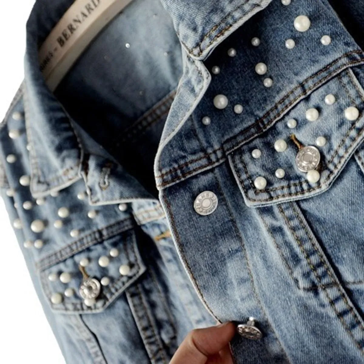 Womens Denim Jacket with Embroidered Pearls Casual Loose Cropped Jean Coat Oversized Trucker Jackets